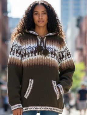 NEW! ALPACA Wool Cozy Olive & Cream Pom-Pom Hooded Sweater 4406